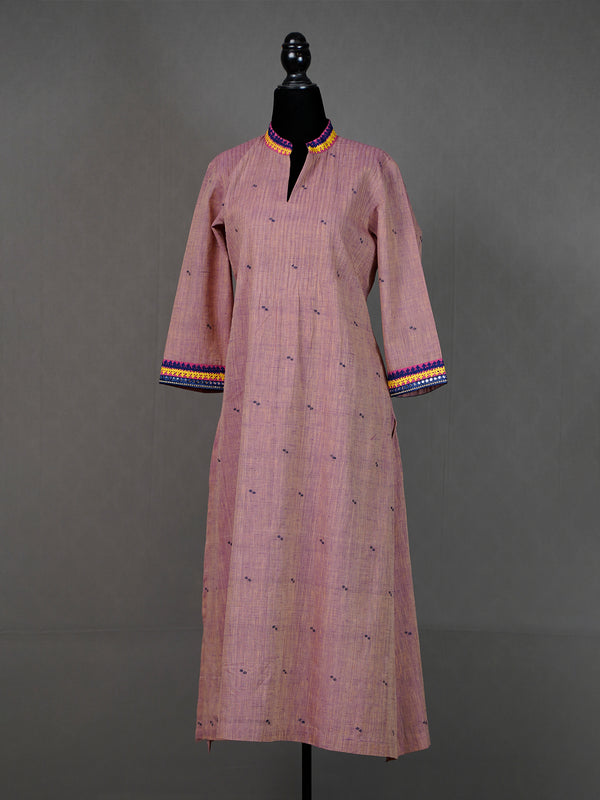 Onion Pink Handwoven Kurti With Kutch Work and Pintuck Bodice