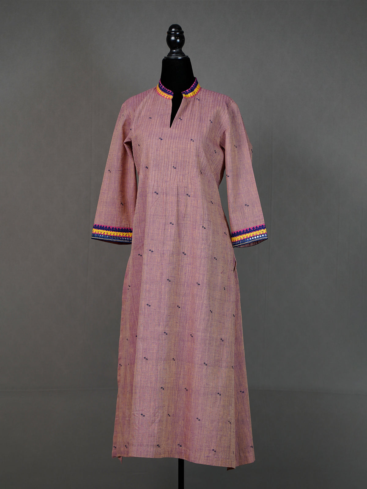 Onion Pink Handwoven Kurti With Kutch Work and Pintuck Bodice