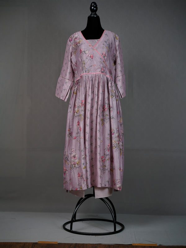 Onion Pink Silk Printed Long Kurti with Lace Border and Pants