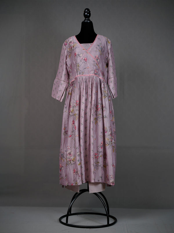 Onion Pink Silk Printed Long Kurti with Lace Border and Pants