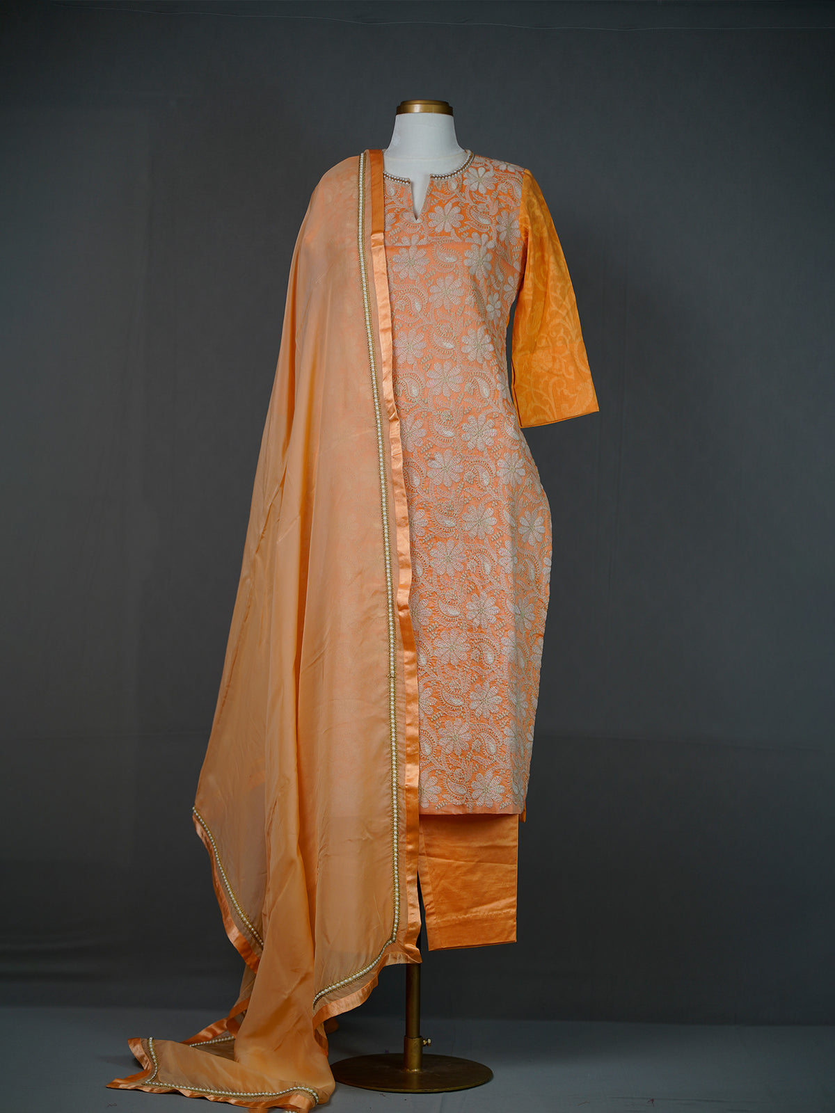 Orange All-Over Thread Embroidery Kurti With Pants and Dupatta