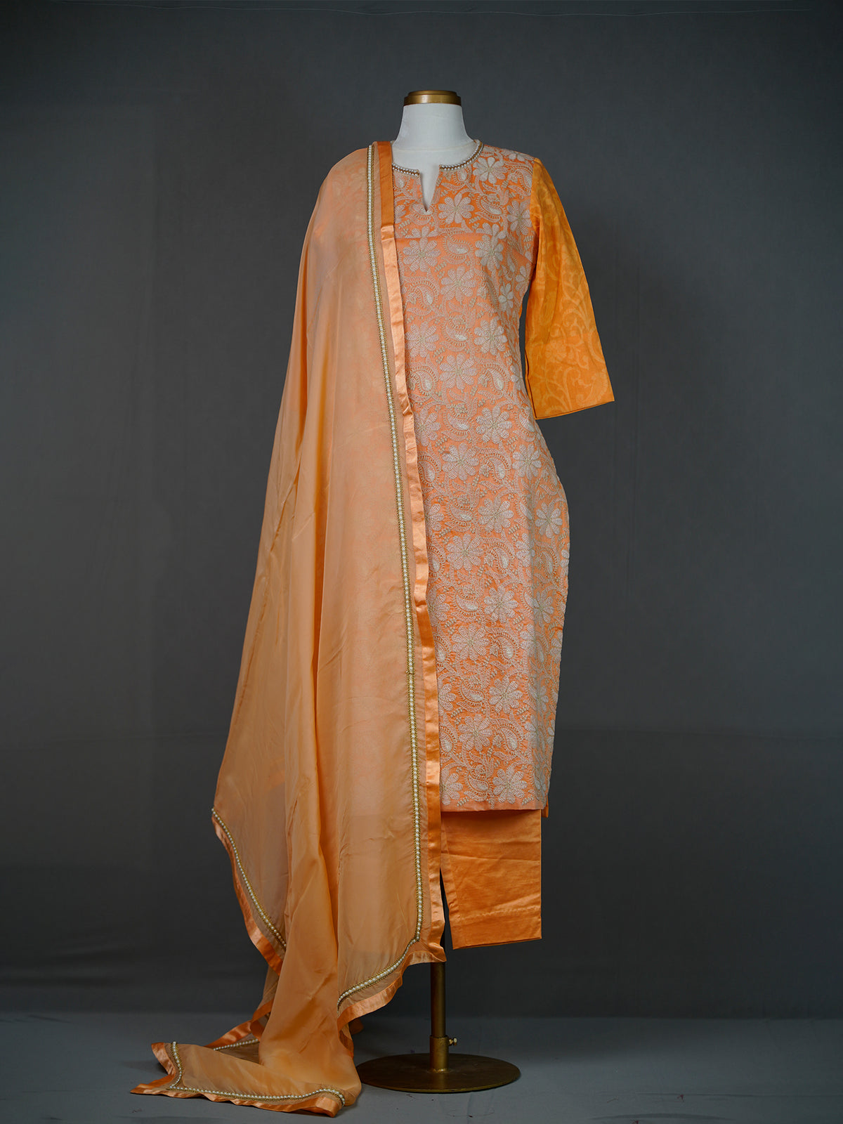 Orange All-Over Thread Embroidery Kurti With Pants and Dupatta