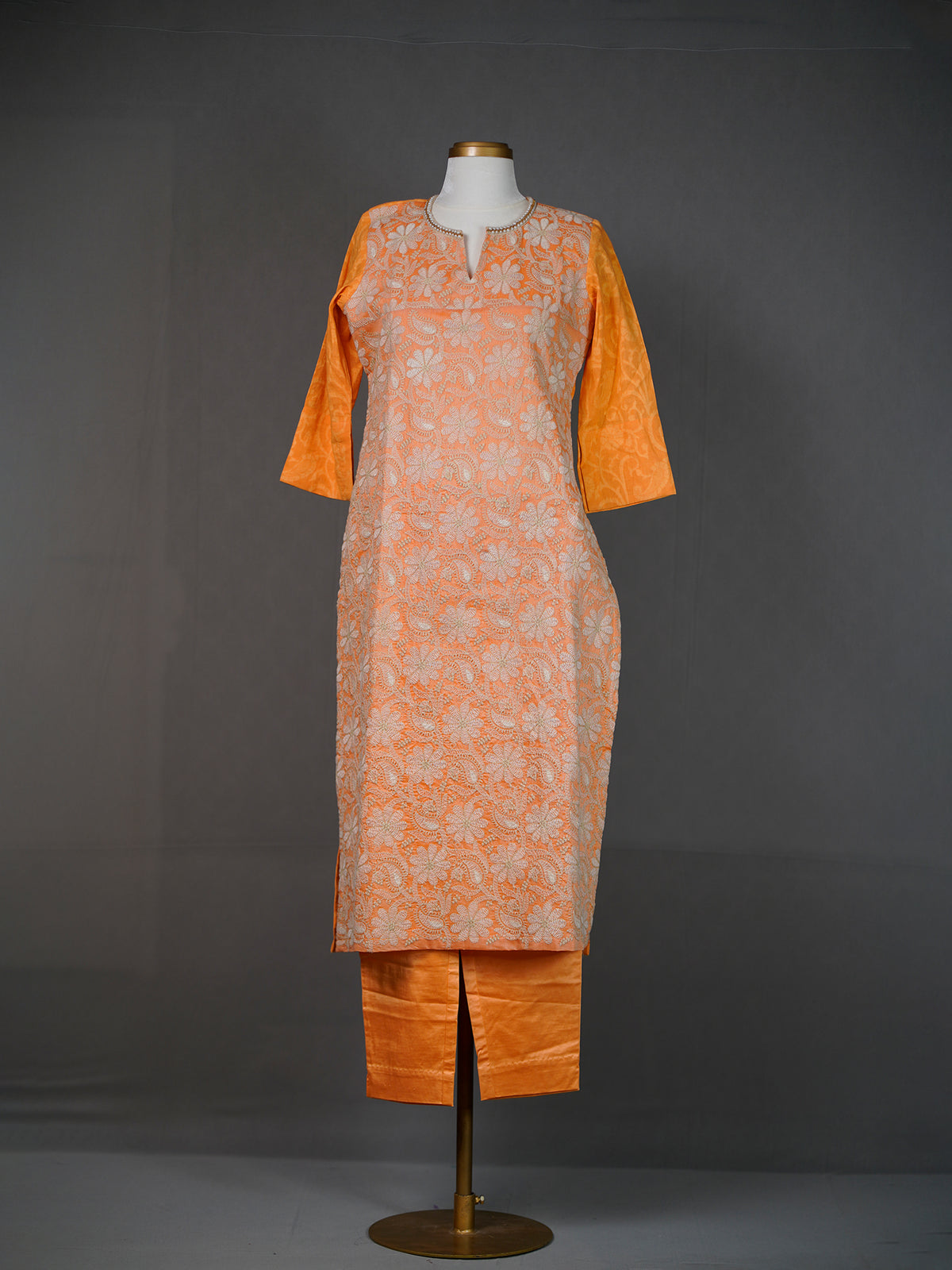 Orange All-Over Thread Embroidery Kurti With Pants and Dupatta