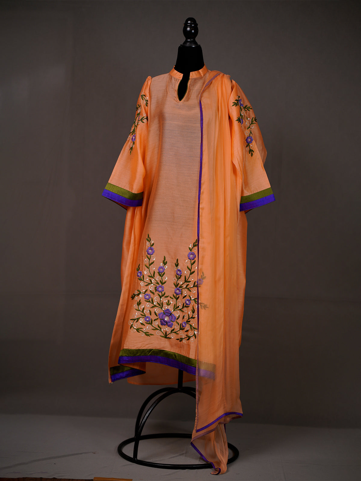 Orange Chanderi Unstitched Thread Work Kurti and Chiffon Dupatta