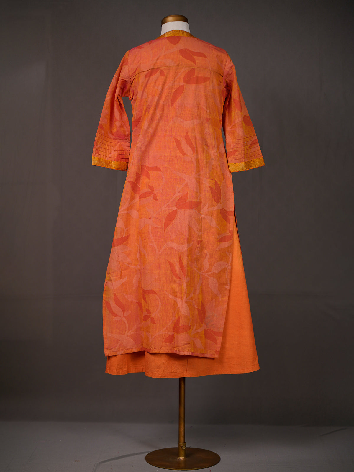 Orange Cotton Sleeveless Kurti Topped with Printed Front Open Koti