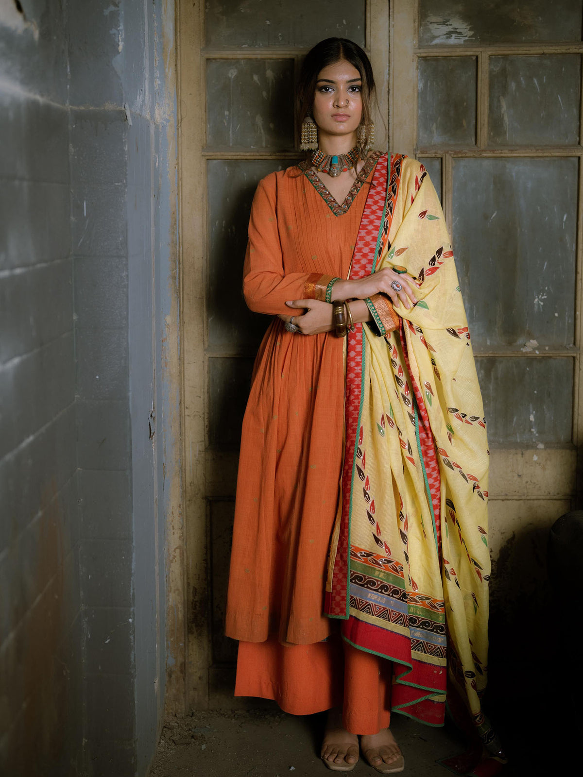 Orange Handwoven Cotton Kurti with Thread, Tikki Work, Dupatta