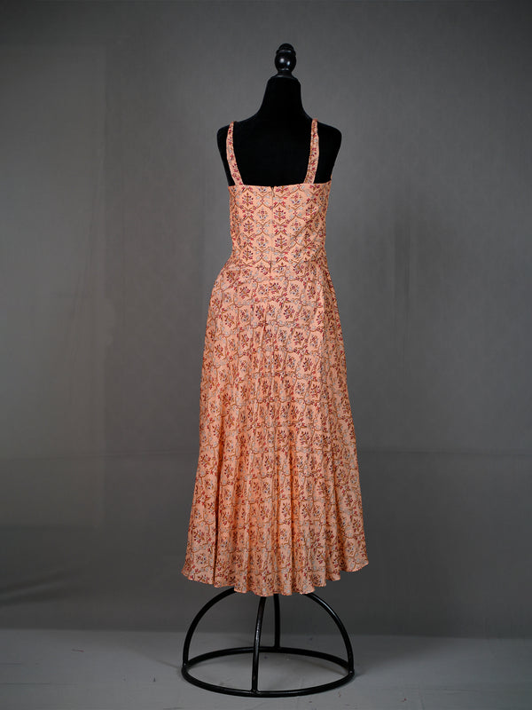Orange Silk Printed Flared Dress with Noodle Straps
