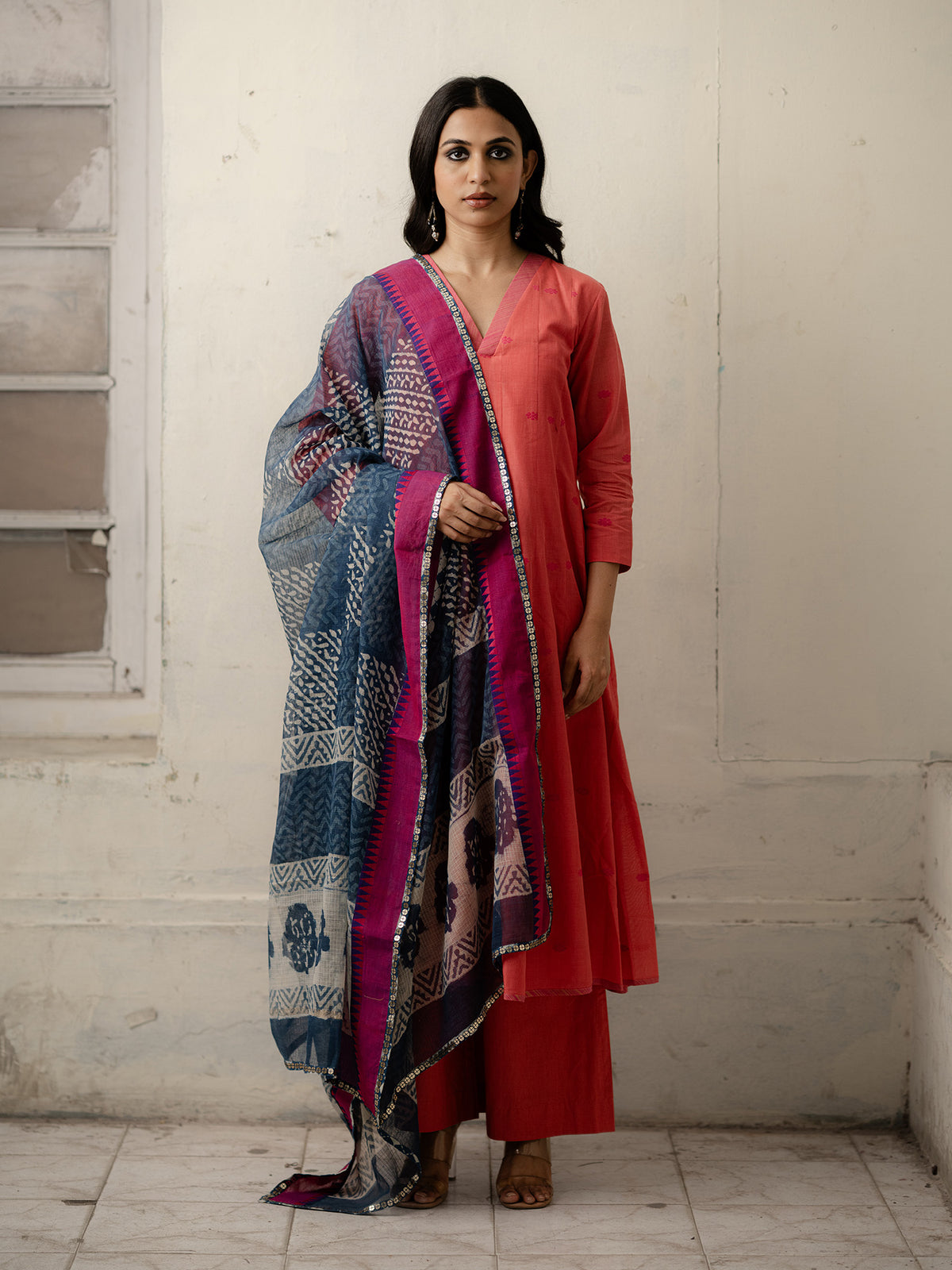 Peach Hand-Woven Cotton Kurti and Pants with Kota Dupatta with Sequins Border