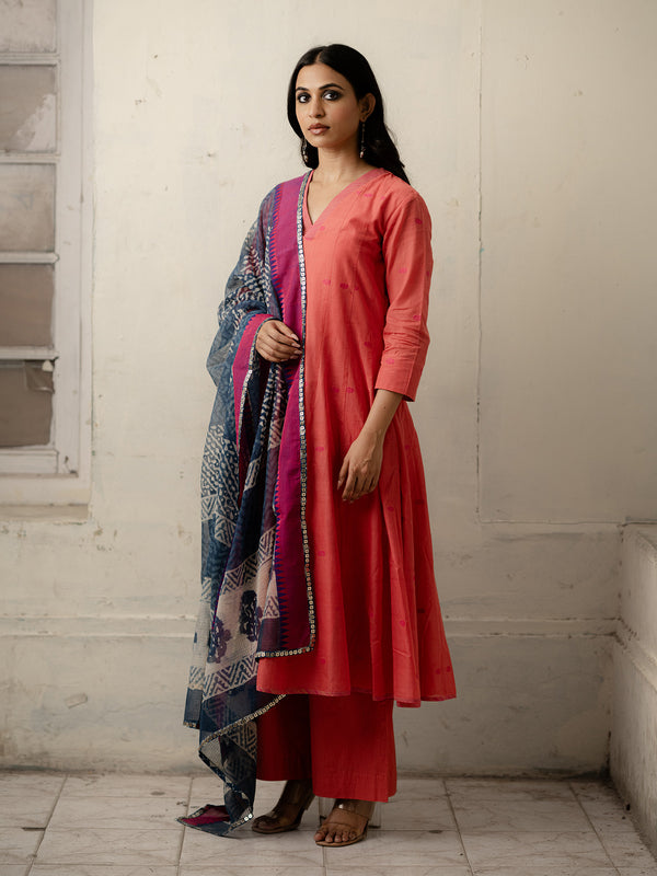 Peach Hand-Woven Cotton Kurti and Pants with Kota Dupatta with Sequins Border