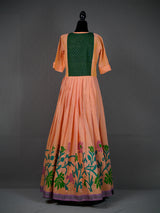 Peach Handwoven Long Dress With Block Print and Touch of Sequins