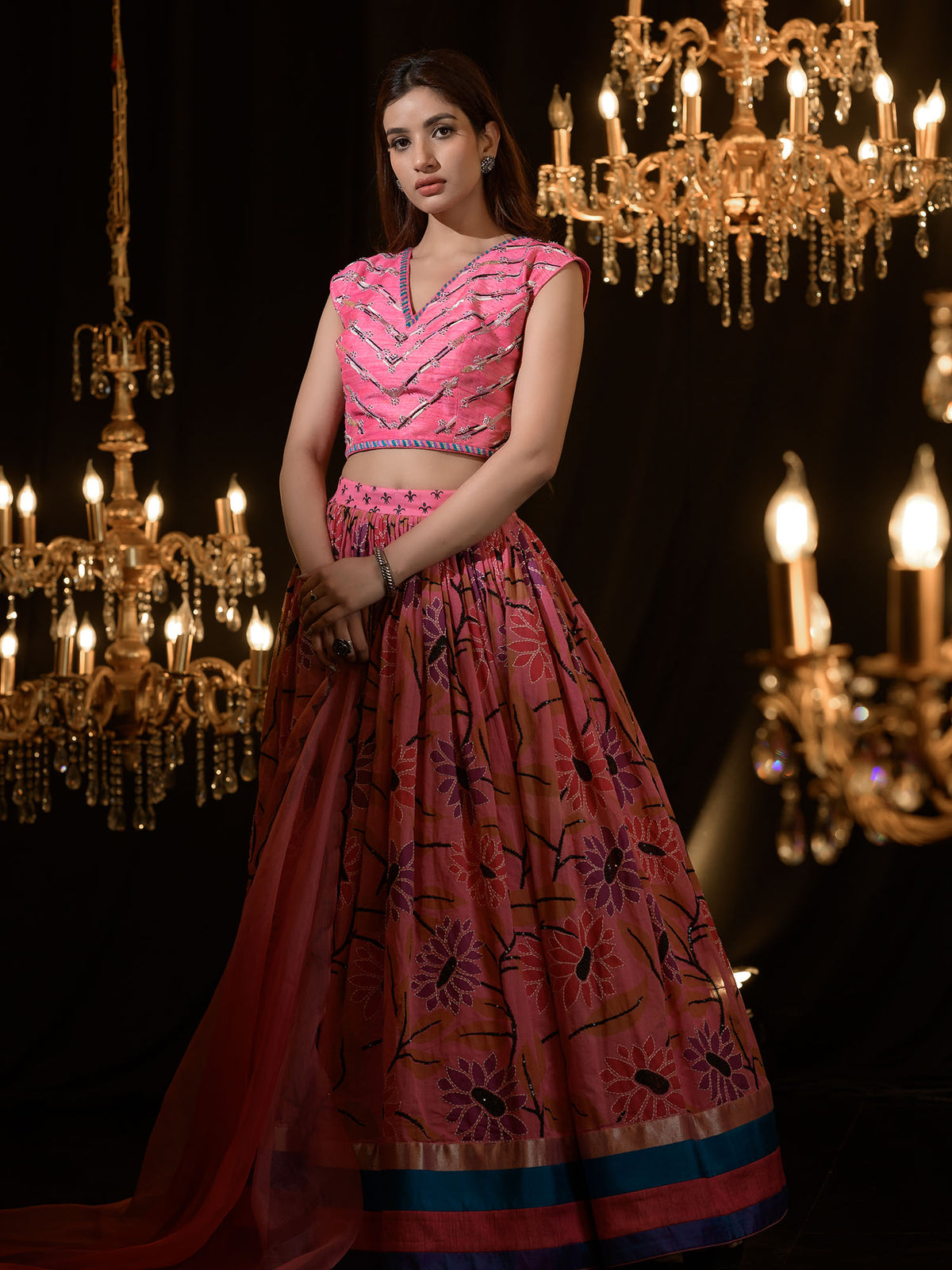 Hand Embroidered printed Lehenga with Blouse and Shaded Organza Dupatta