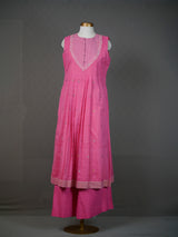 Pink Handwoven Sleeveless Kurti With Yoke, Zari Buttis And Pants
