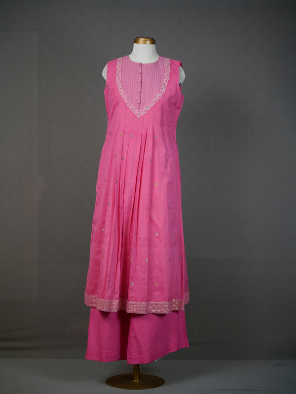 Pink Handwoven Sleeveless Kurti With Yoke, Zari Buttis And Pants