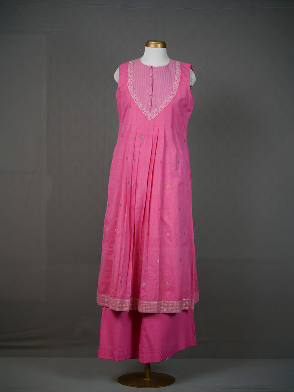 Pink Handwoven Sleeveless Kurti With Yoke, Zari Buttis And Pants