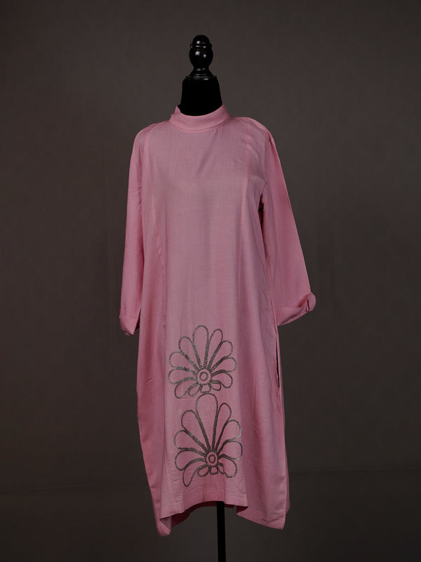Pink Kurti with Stylish Sequins Motifs on Centre Panel and Polo Neck