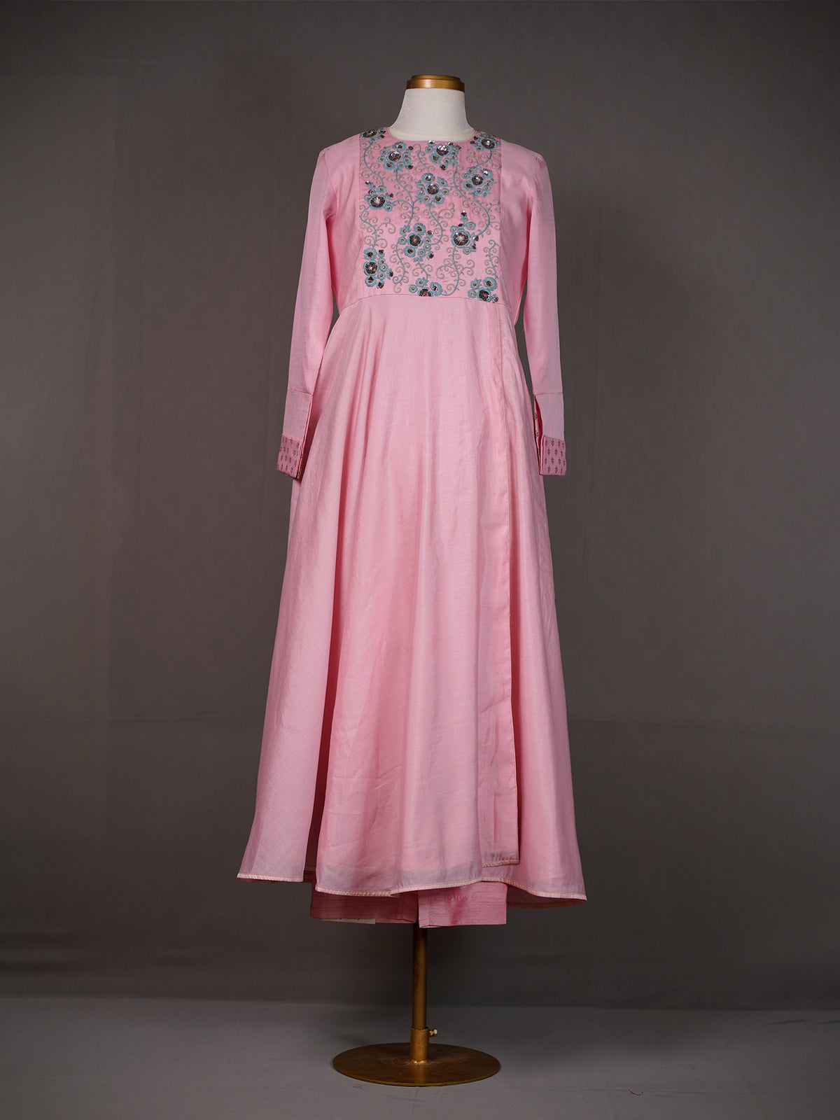 Pink Long Silk Kurti with Colourful Thread Embroidery and Pants