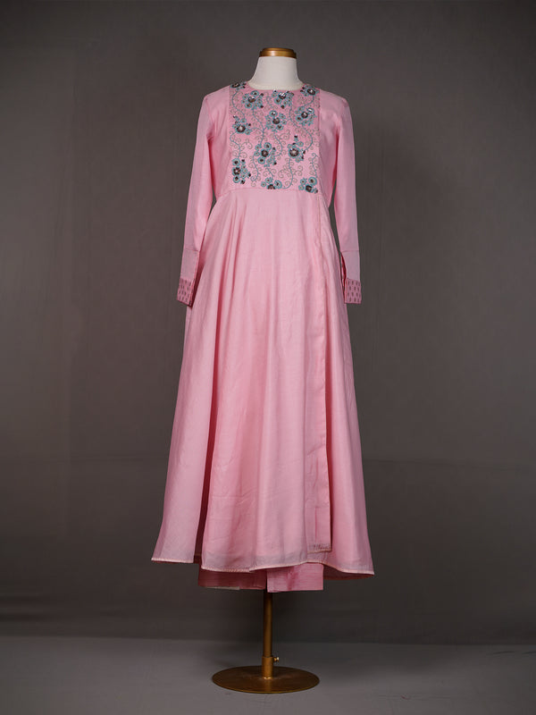 Pink Long Silk Kurti with Colourful Thread Embroidery and Pants