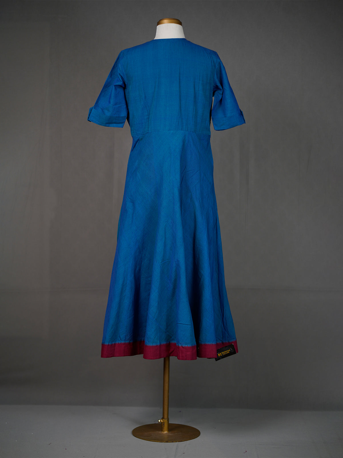 Plain Blue Handwoven Kali Kurti with Printed Buttons n Front Slit
