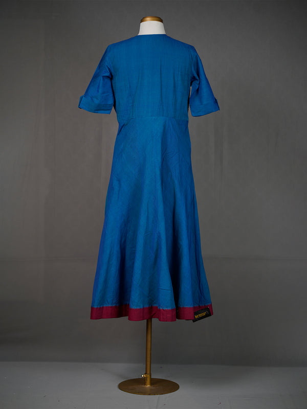 Plain Blue Handwoven Kali Kurti with Printed Buttons n Front Slit