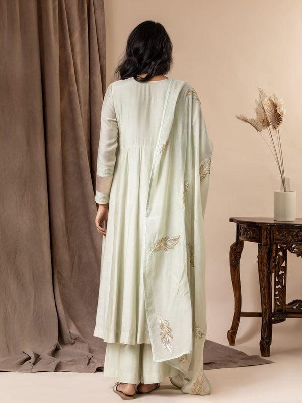 Powder green muslin top with Gota detailing on the sleeves, paired with an intricate feather detailing hand-embroidered dupatta
