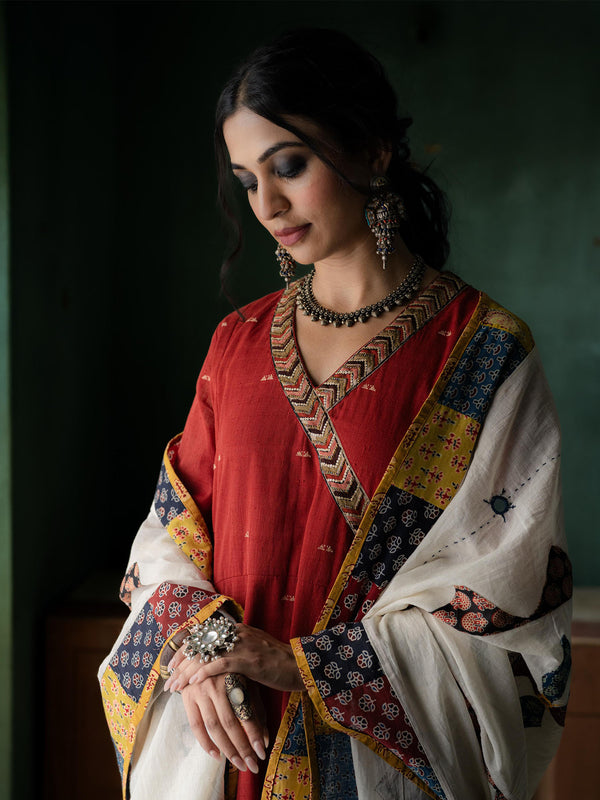 Red Handwoven Cotton Kurti with Sequins Work, Contrast Dupatta