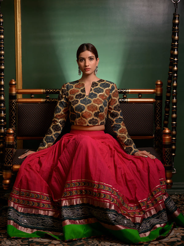 Red Handwoven Cotton Lehenga With Borders and Kalamkari Blouse