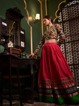 Red Handwoven Cotton Lehenga With Borders and Kalamkari Blouse