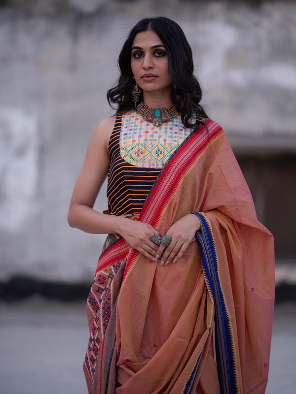 Rust Handwoven Cotton Saree with Kutch Work Blouse and Pants