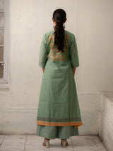 Sage Green Hand-Woven Cotton Kurti Set with Patchwork and Mirror Embroidery