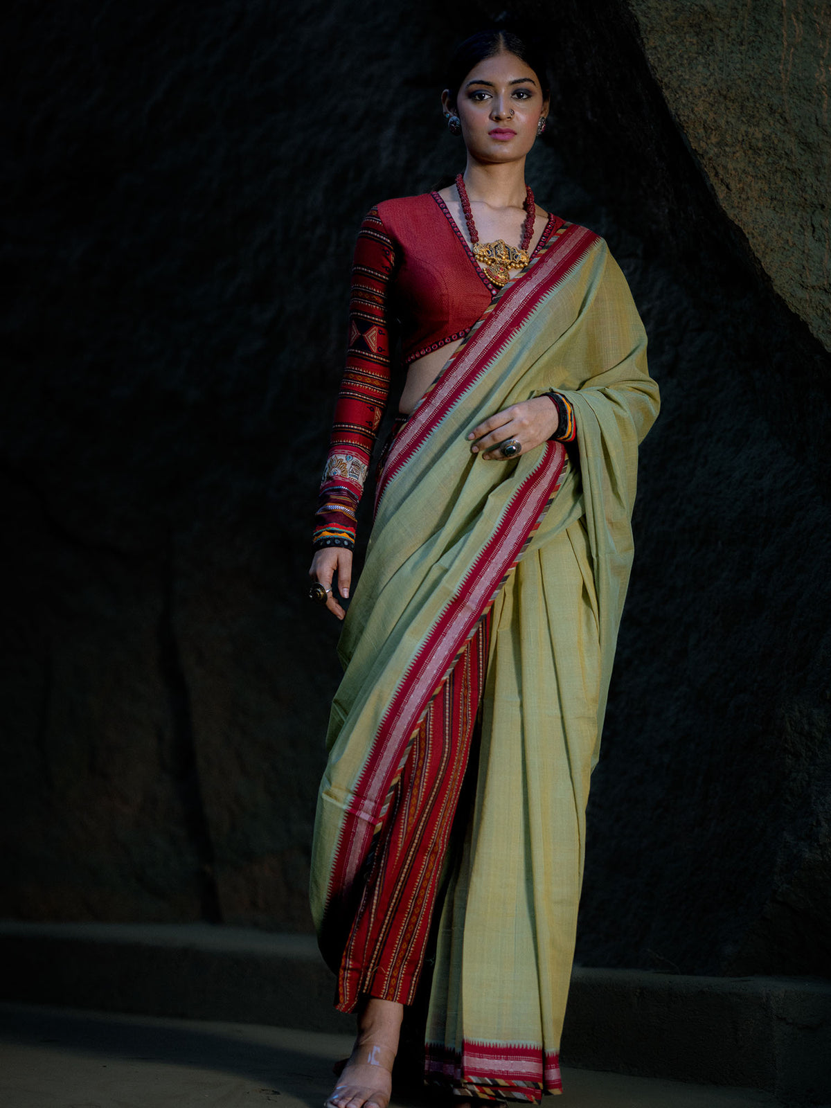 Sage Green Handwoven Cotton Saree with Red Blouse and Pants