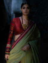 Sage Green Handwoven Cotton Saree with Red Blouse and Pants