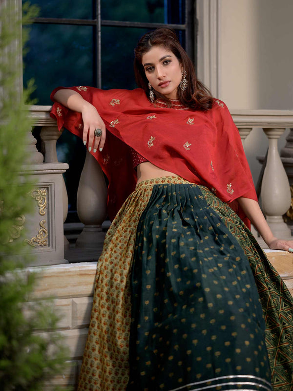 Shaded Green Ajrakh Print Lehenga with Stylish Red Top