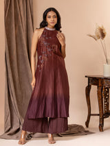 Shaded brown Chanderi halter neck straight-cut top with butterfly hand embroidery detailing, paired with pants.