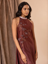 Shaded brown Chanderi halter neck straight-cut top with butterfly hand embroidery detailing, paired with pants.