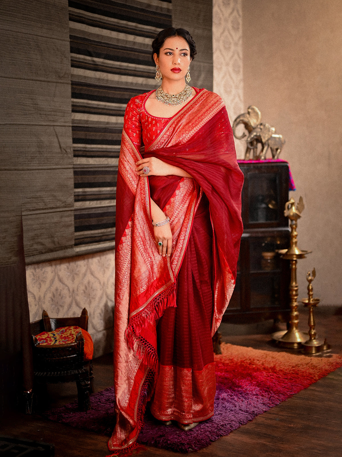 The Splendid Grandeur of a Red Kora Banarasi Saree