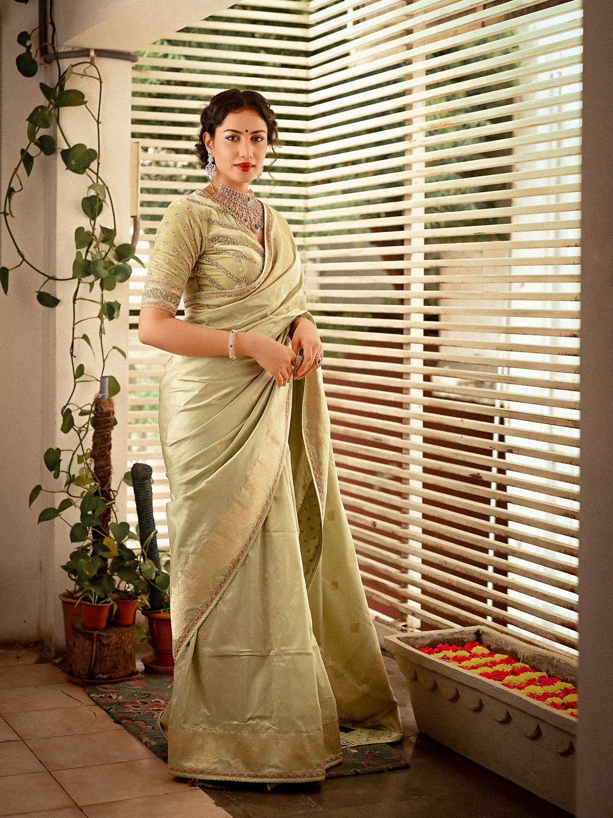 Light Green Banarasi Weave with Zari Border Fit for Royalty