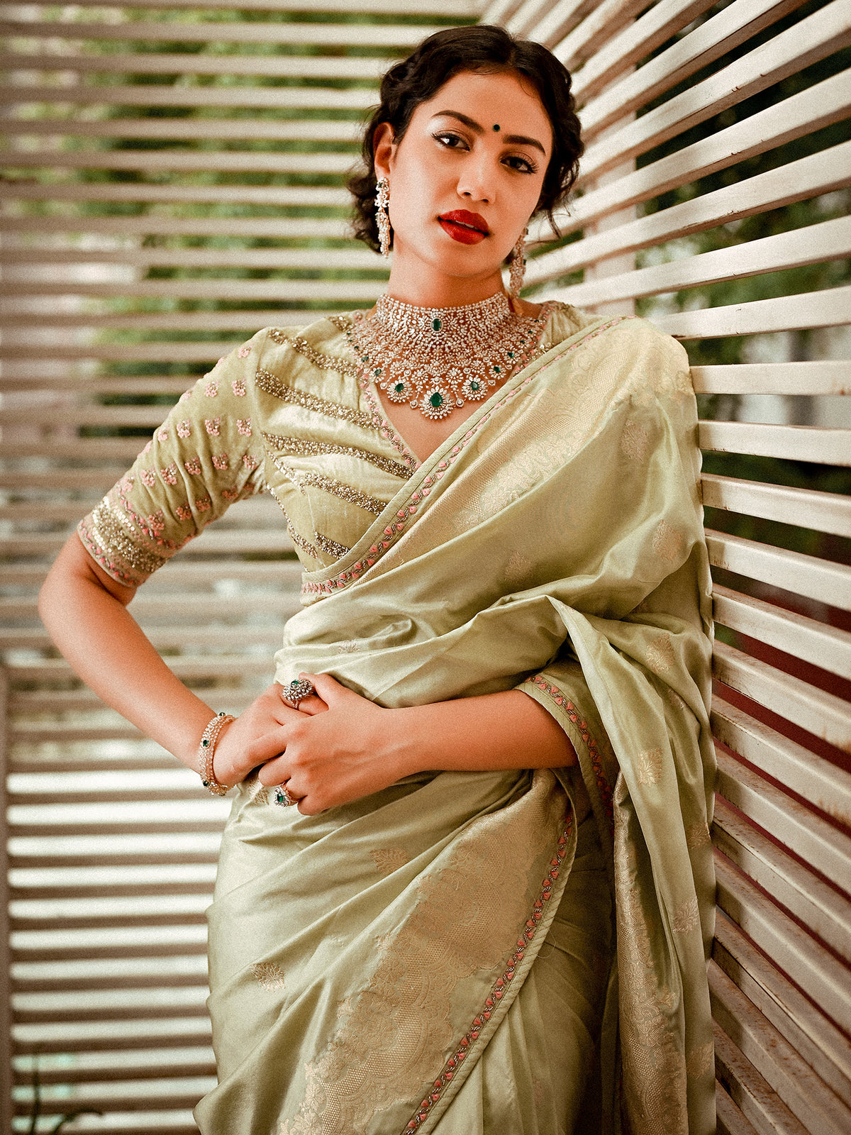 Light Green Banarasi Weave with Zari Border Fit for Royalty