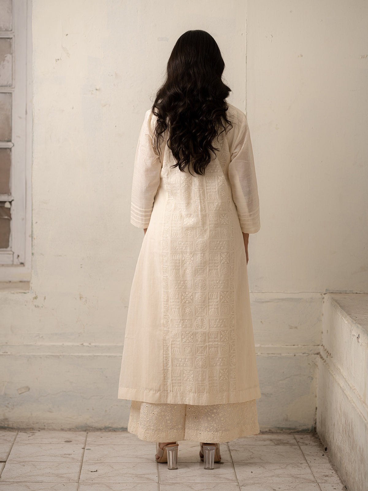 White Chanderi Hand-Woven Cotton and Khadi Kurti and Pants with Embroidery