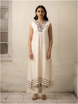 White Hand-Woven Cotton Kurti with Sequins, Embroidery with Pants