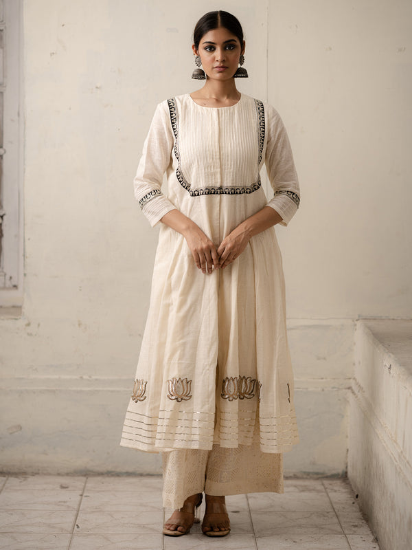 White Hand-Woven Cotton Two-Piece Kurti set with Gota Work and Thread Embroidery
