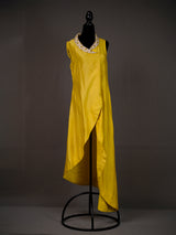 Yellow Asymmetrical Chanderi Kurti with White Thread Work on Neck