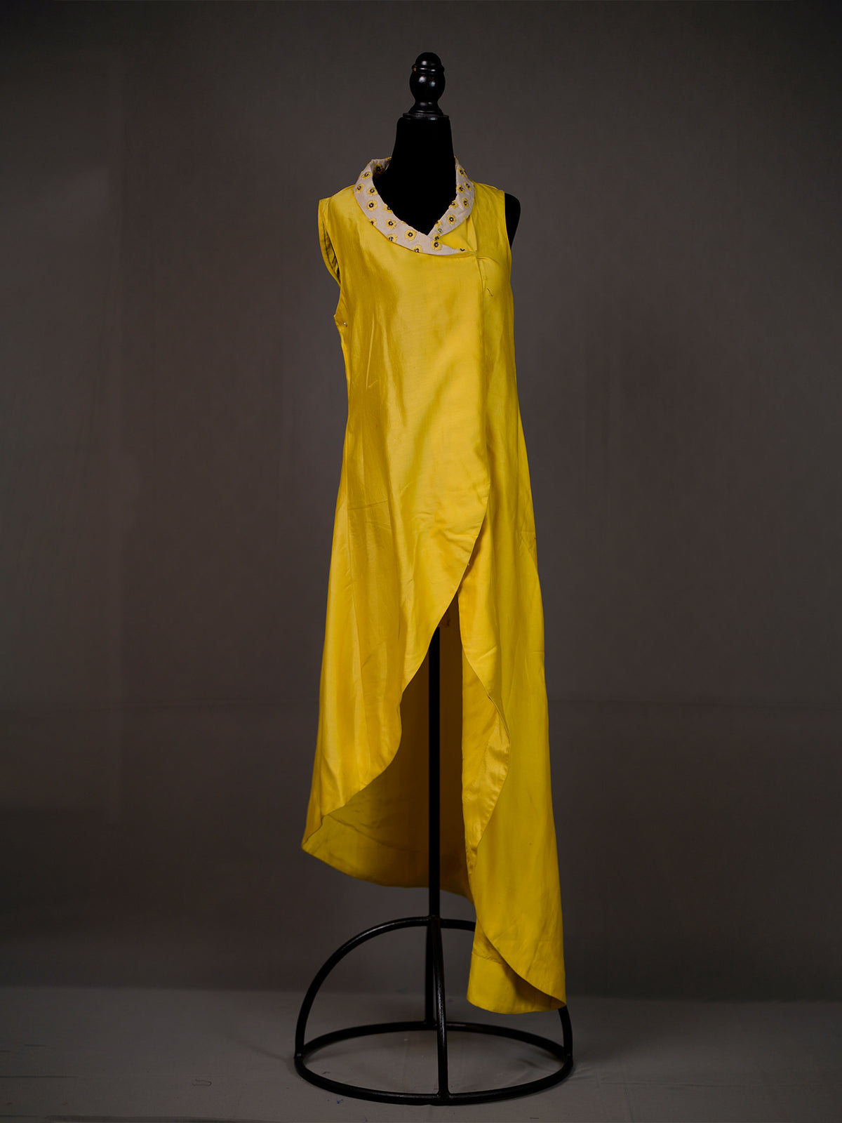 Yellow Asymmetrical Chanderi Kurti with White Thread Work on Neck