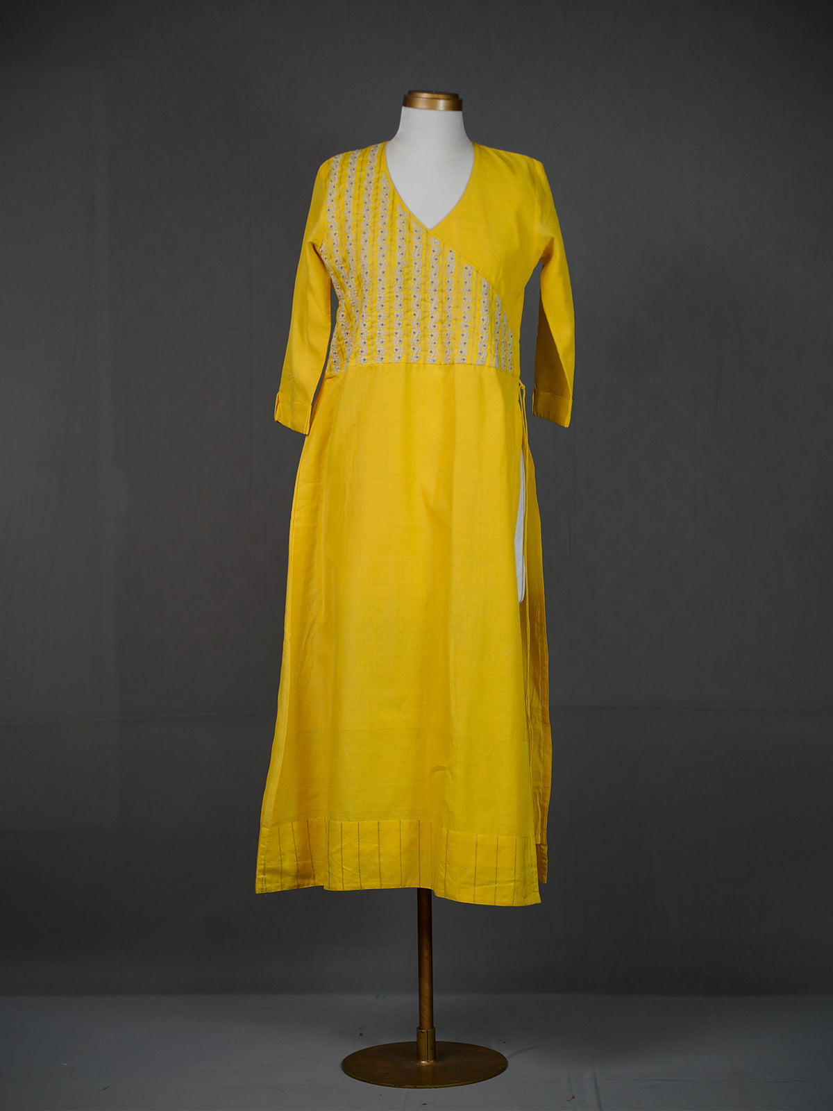 Yellow Handwoven Angrakha Kurti With Thread Embroidery on Bodice