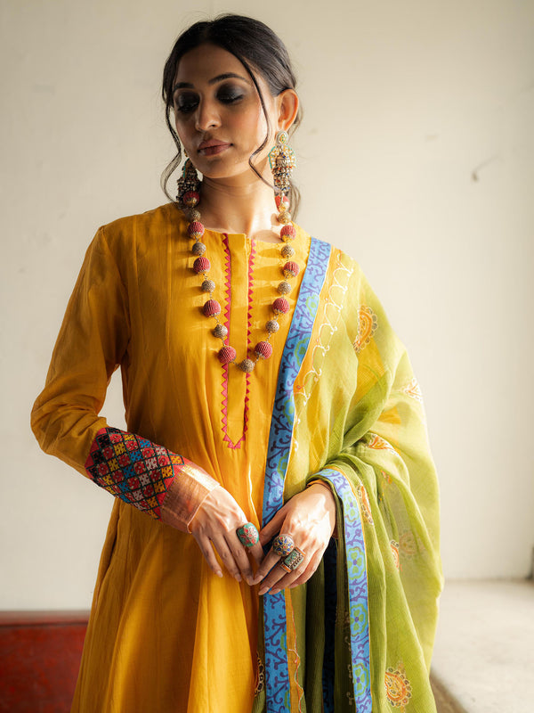 Yellow Handwoven Cotton Kurti with Kutch and Sequins Work, Dupatta