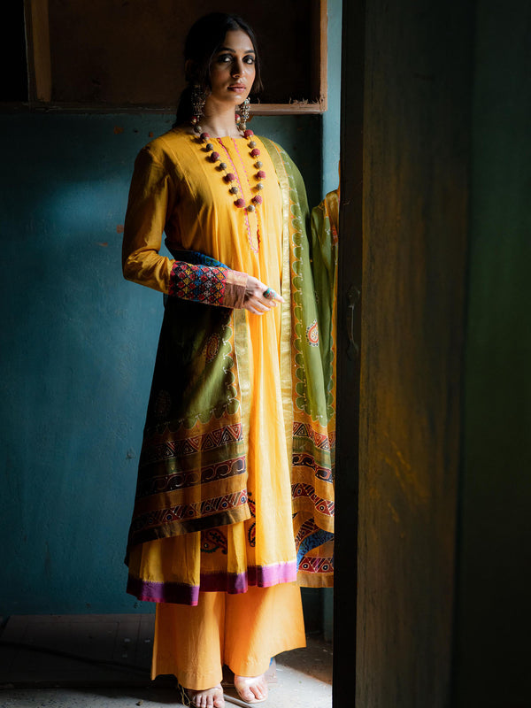 Yellow Handwoven Cotton Kurti with Kutch and Sequins Work, Dupatta