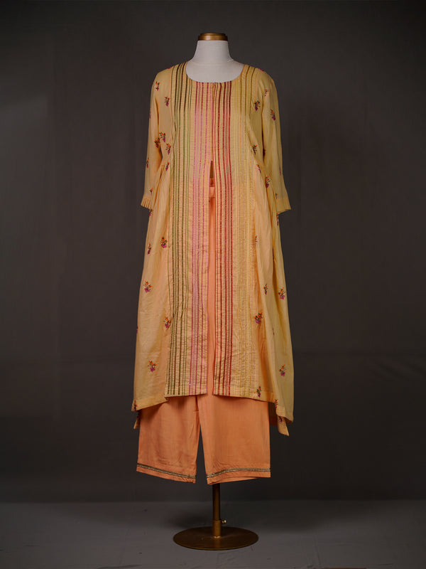 Yellow Kurti with Thread Work Buttis, Sequins, Front Slit n Pants