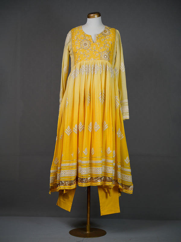 Yellow Shaded Anarkali Kurti with Mirror Embroidery and Pants