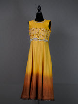 Yellow Shaded Sleeveless Kali Kurti with Thread and Mirror Work