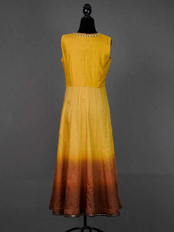 Yellow Shaded Sleeveless Kali Kurti with Thread and Mirror Work