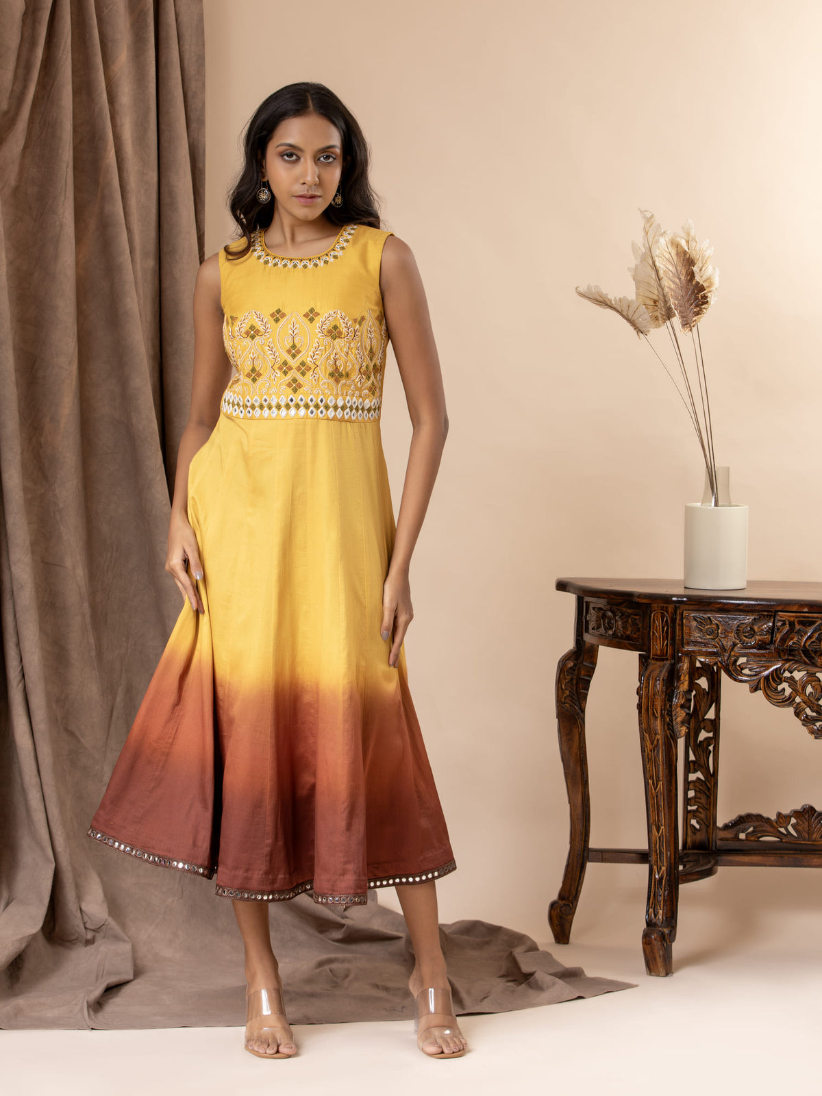 Yellow to brown ombre shaded kali frock with thread and mirror handwork detailing